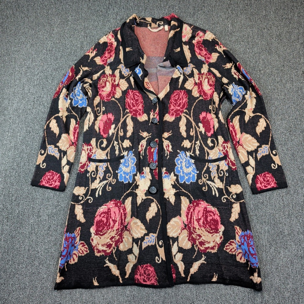 Soft‎ Surroundings Vintage Floral Tapestry Chore Cardigan Sweater Large Black